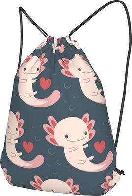 Drawstringsrugzak met Aanbiddelijk en Praktische Axolotls, Harten en Bellen - - Geschikt voor Vrouwen en Meisjes